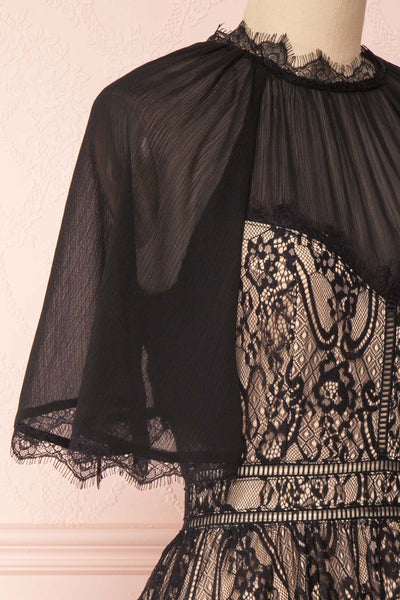 Lorenia Black & Beige Lace Midi Cocktail Dress | Boutique 1861 side close-up
