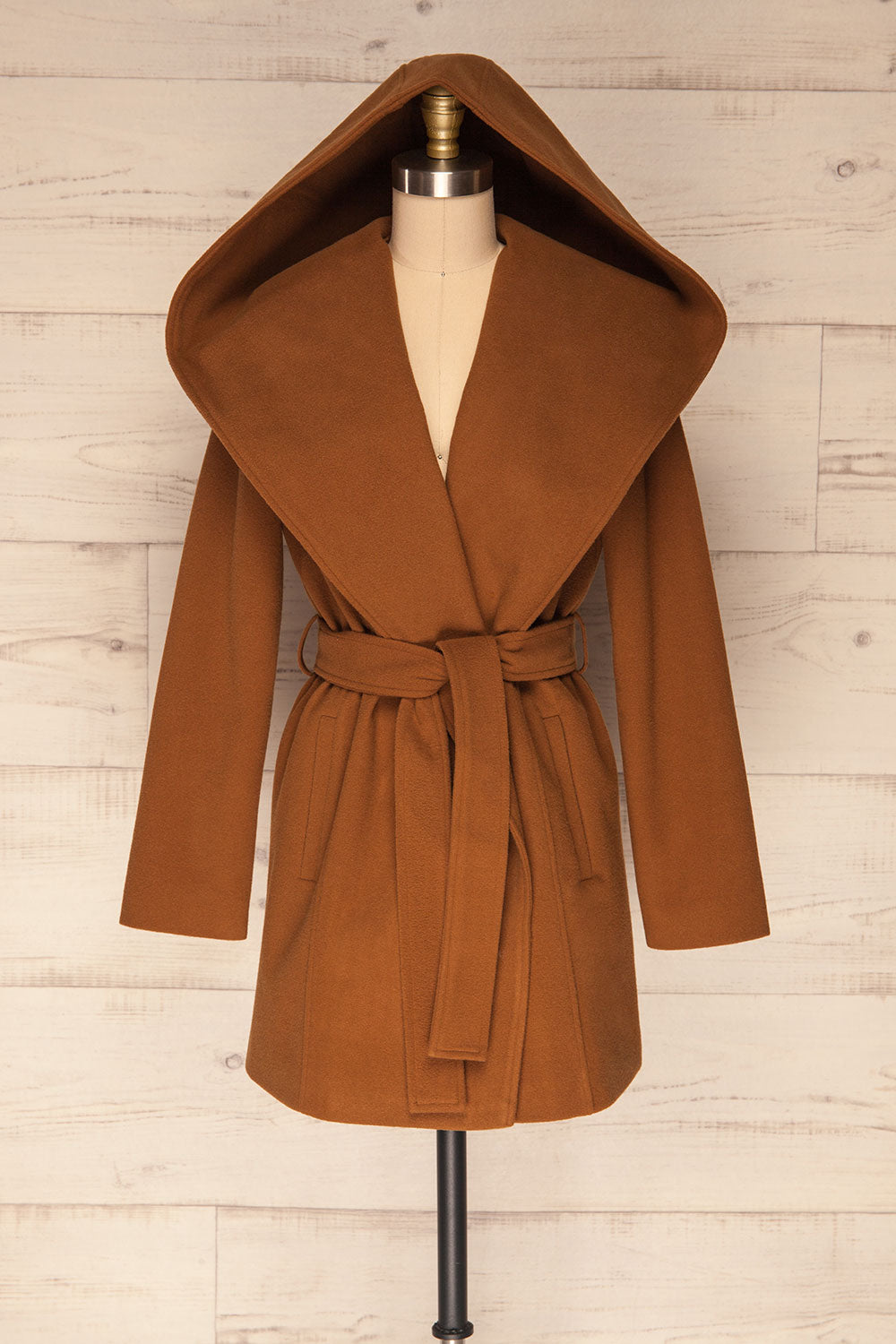 Lorialet Camel Felt Trench Coat w/ Hood front view hood up | La Petite Garçonne