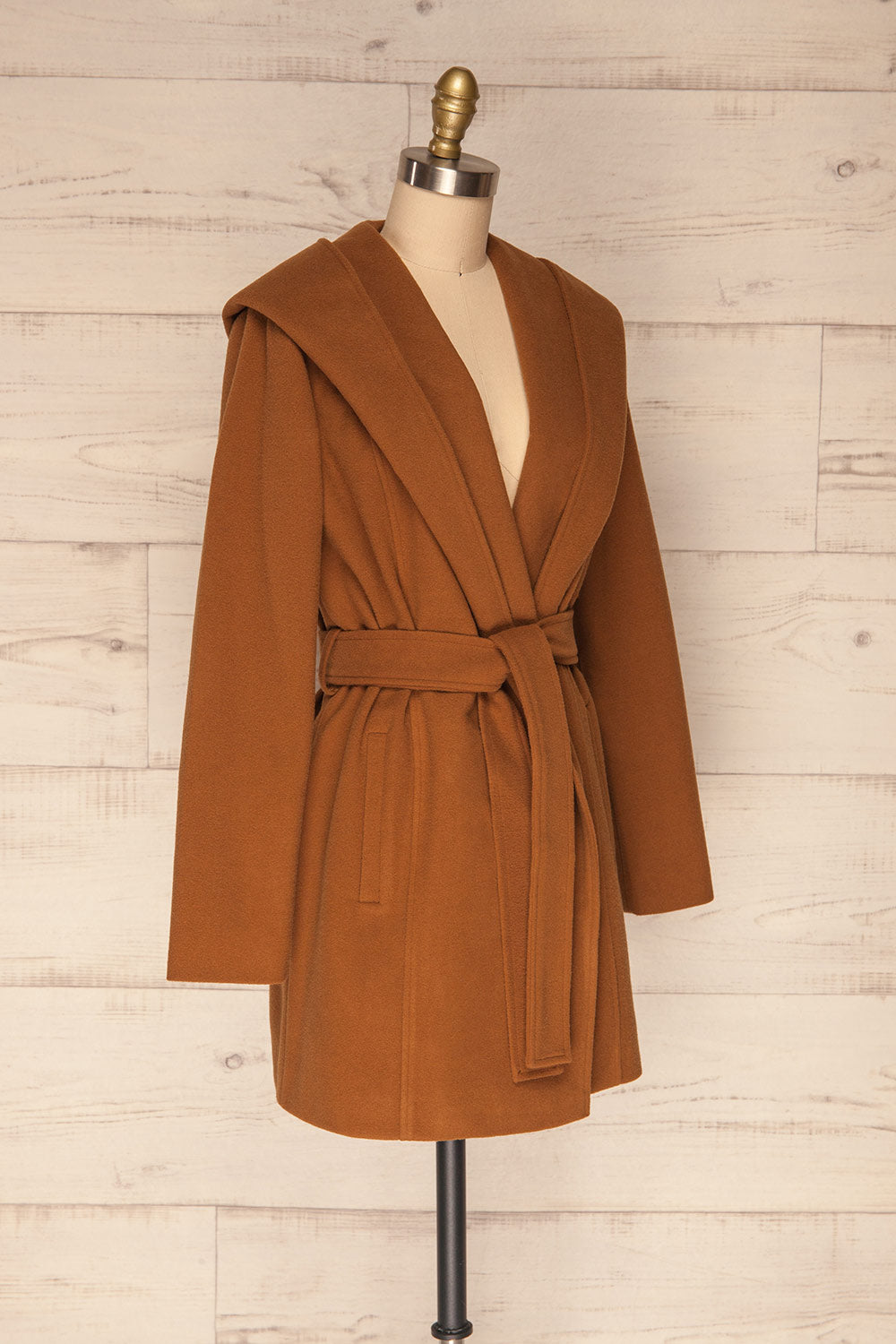 Lorialet Camel Felt Trench Coat w/ Hood side view | La Petite Garçonne