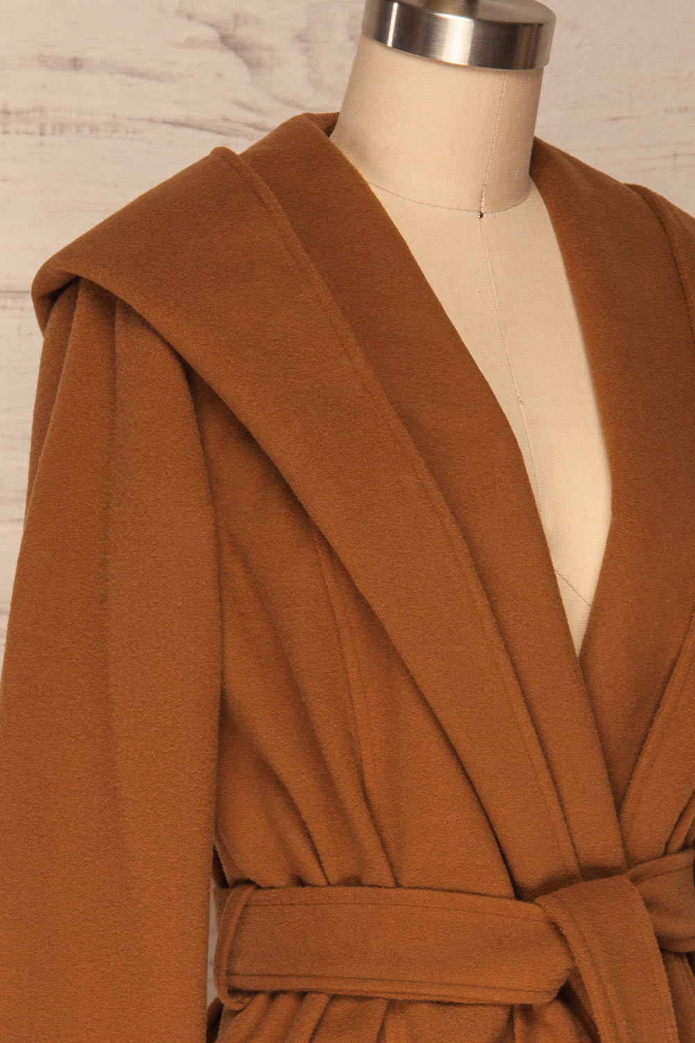 Lorialet Camel Felt Trench Coat w/ Hood side close up | La Petite Garçonne