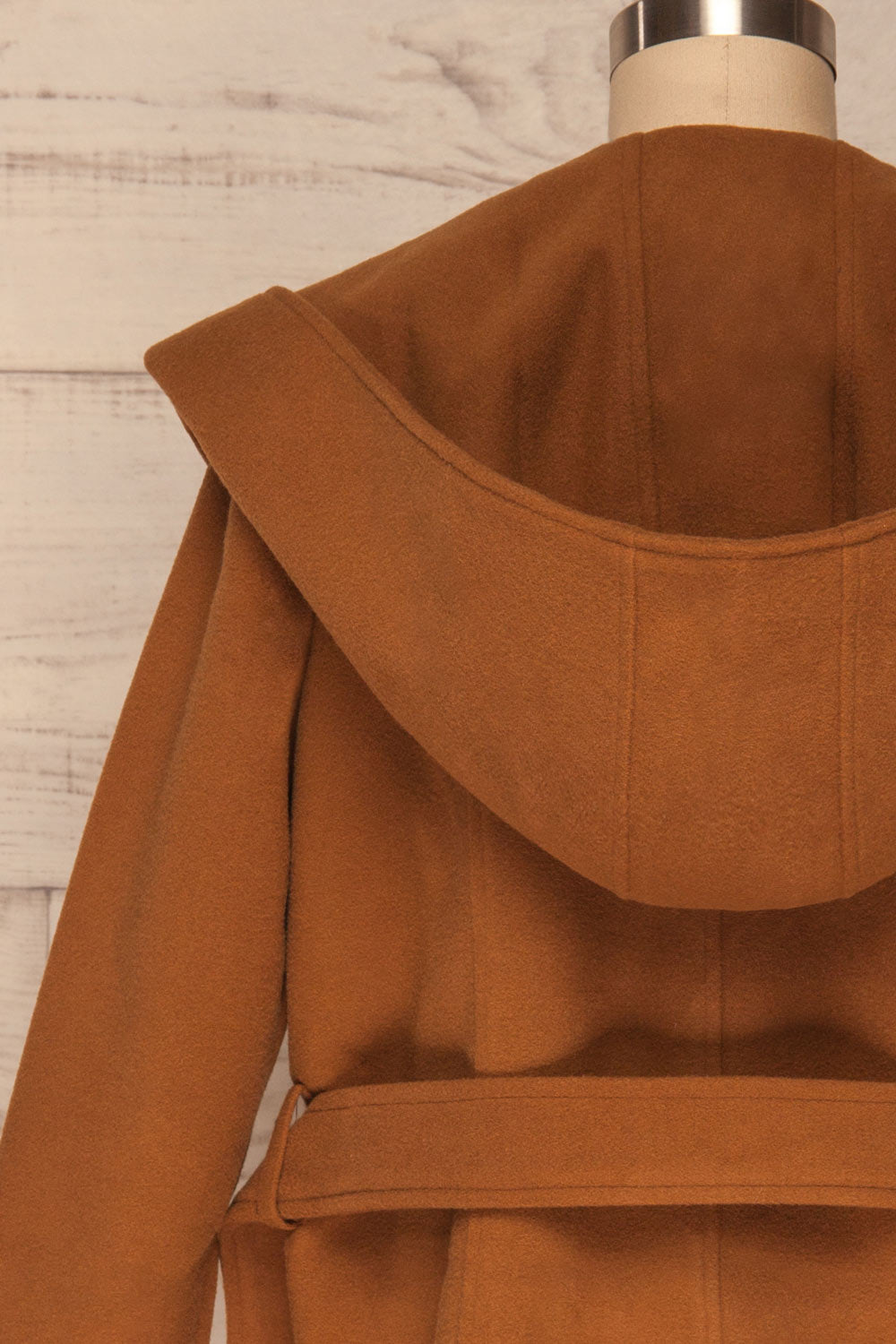 Lorialet Camel Felt Trench Coat w/ Hood back close up | La Petite Garçonne