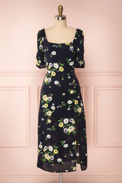 Lourosa Navy Midi Dress w/ Floral Print | Boutique 1861 fabric