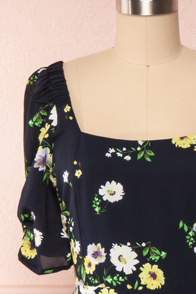 Lourosa Navy Midi Dress w/ Floral Print | Boutique 1861 front close up
