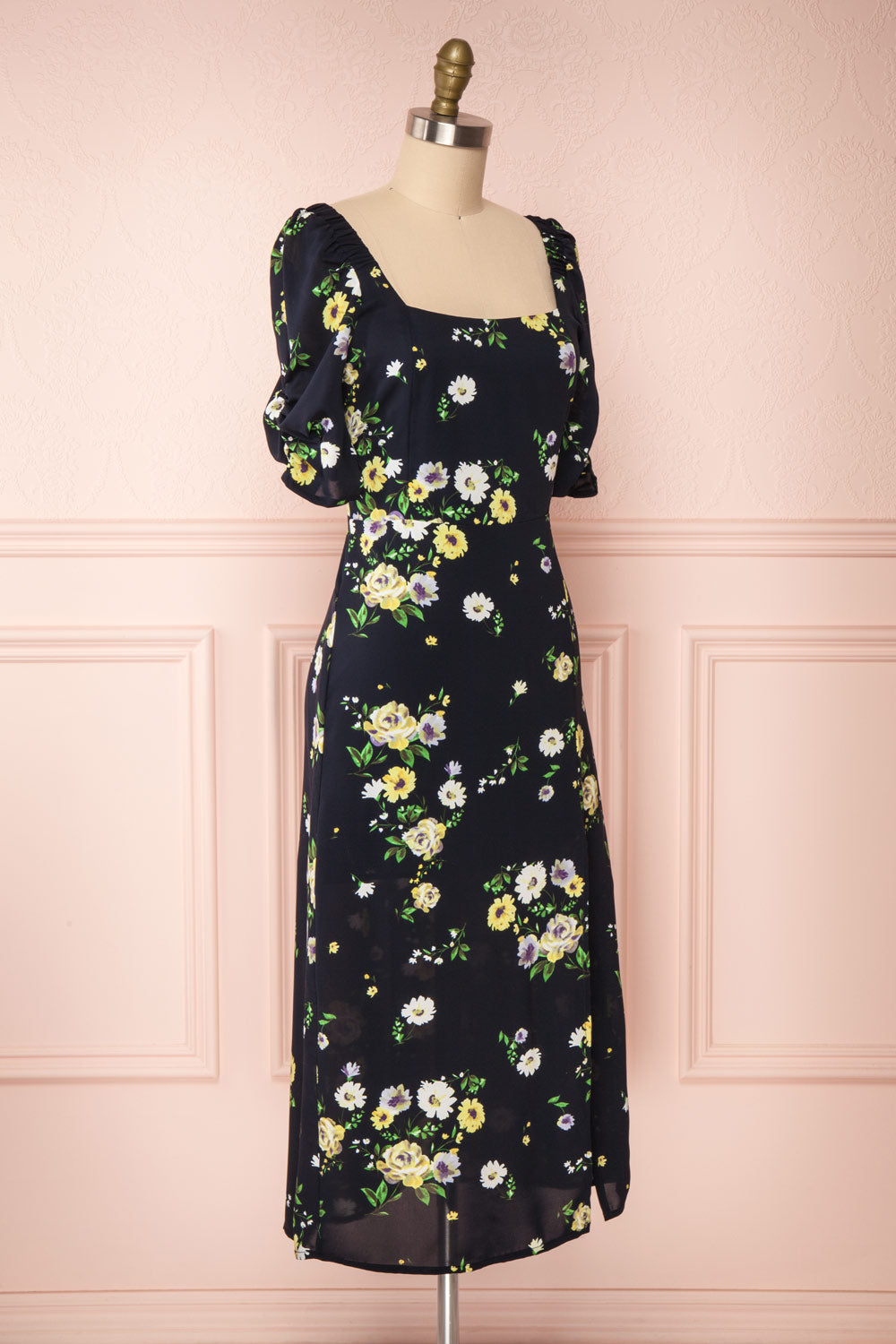 Lourosa Navy Midi Dress w/ Floral Print | Boutique 1861 side view