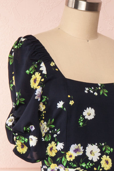 Lourosa Navy Midi Dress w/ Floral Print | Boutique 1861 side close up