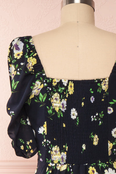 Lourosa Navy Midi Dress w/ Floral Print | Boutique 1861 back close up