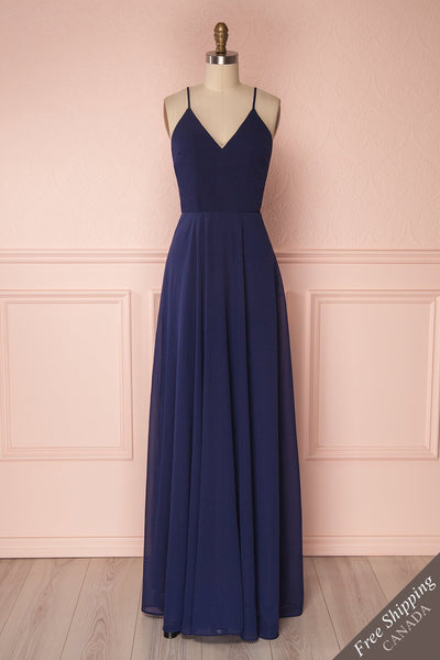 Lovina Navy Blue Chiffon Gown with Tied Open Back | Boudoir 1861