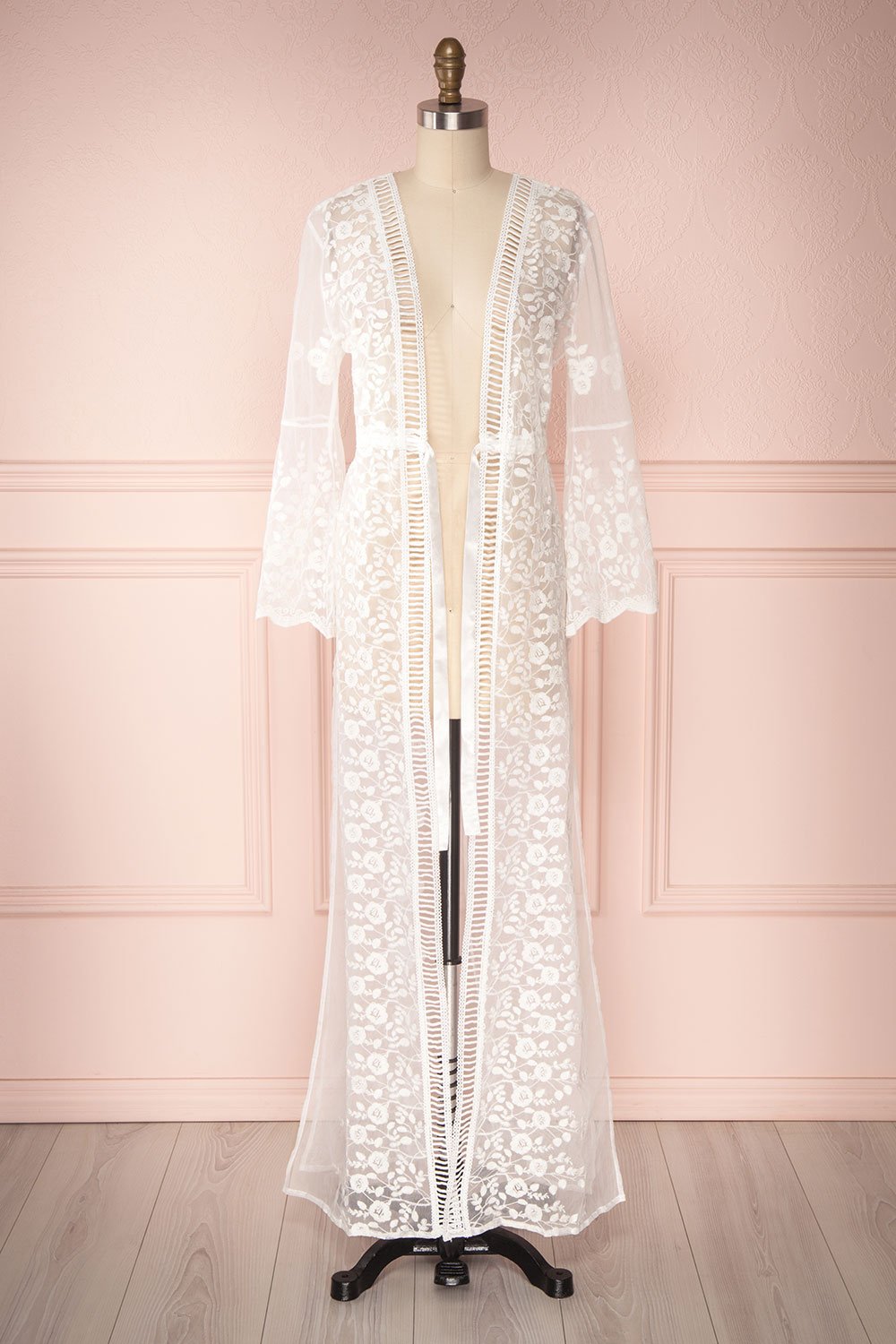 Lovis White Mesh & Lace Long Sleeved Maxi Kimono | Boudoir 1861 5