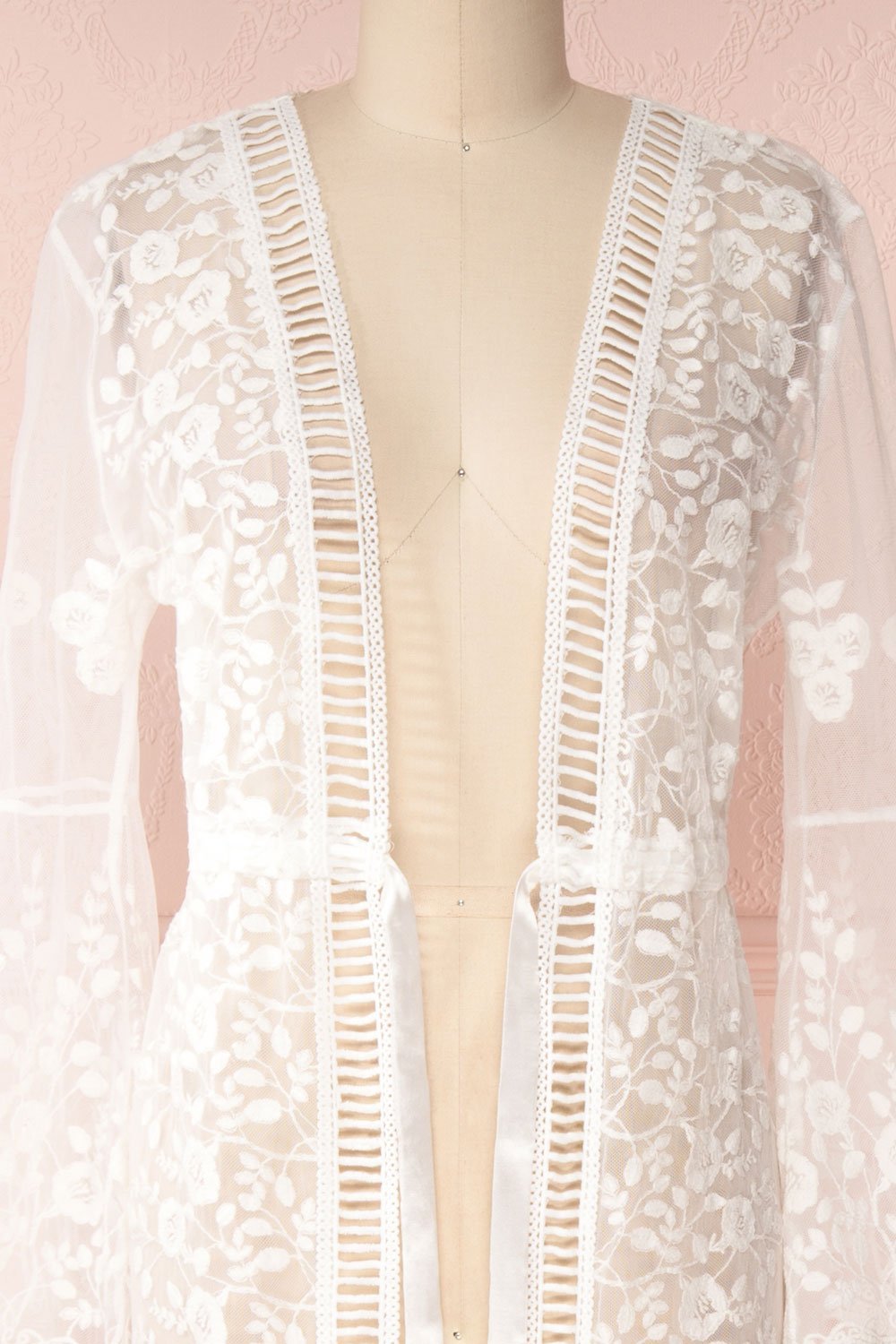 Lovis White Mesh & Lace Long Sleeved Maxi Kimono | Boudoir 1861 3