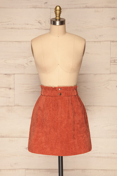 Loxley Clay Orange Corduroy Mini Skirt | La Petite Garçonne front view
