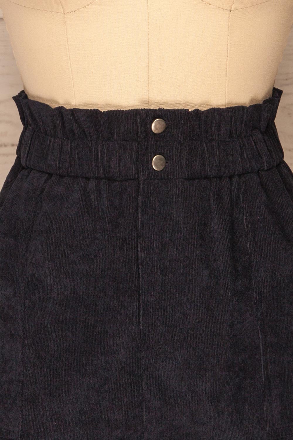 Loxley Navy Blue Corduroy Mini Skirt | La Petite Garçonne front close-up