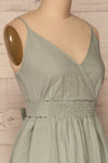 Lucani Blue-Green Faux-Wrap Midi Dress | La petite garçonne side close-up