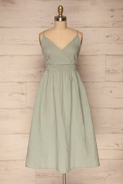 Lucani Blue-Green Midi Faux-Wrap Dress | La petite garçonne