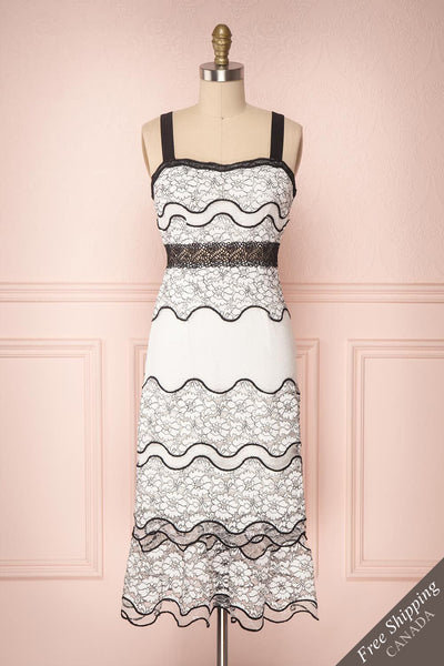 Lucy-Lou White & Black Ruffled Lace Midi Dress | Boutique 1861