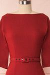 Ludivine Dark Red Fitted Midi Dress w/ Belt front close up | Boutique 1861