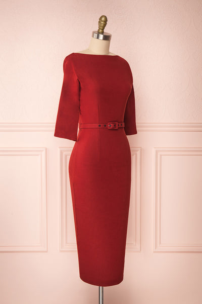 Ludivine Dark Red Fitted Midi Dress w/ Belt side view | Boutique 1861