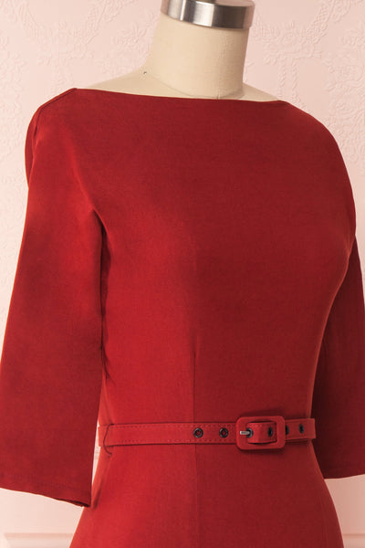 Ludivine Dark Red Fitted Midi Dress w/ Belt side close up | Boutique 1861