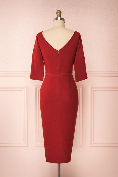 Ludivine Dark Red Fitted Midi Dress w/ Belt back view | Boutique 1861