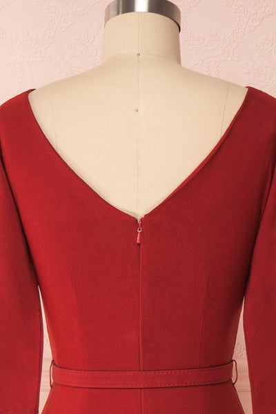 Ludivine Dark Red Fitted Midi Dress w/ Belt back close up | Boutique 1861