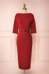 Ludivine Dark Red Fitted Midi Dress w/ Belt | Boutique 1861
