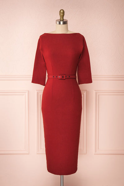 Ludivine Dark Red Fitted Midi Dress w/ Belt | Boutique 1861