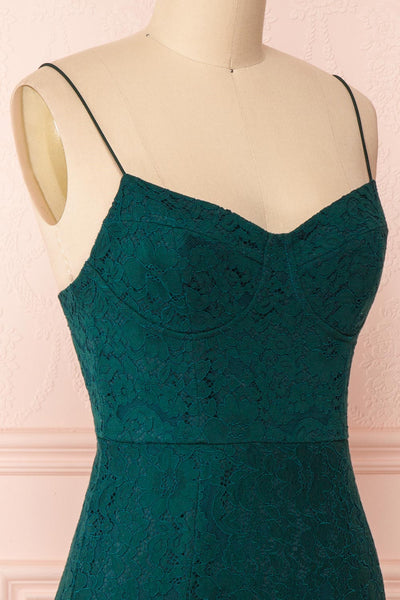 Ludvika Dark Green Fitted Lace Dress | Boutique 1861 side close-up