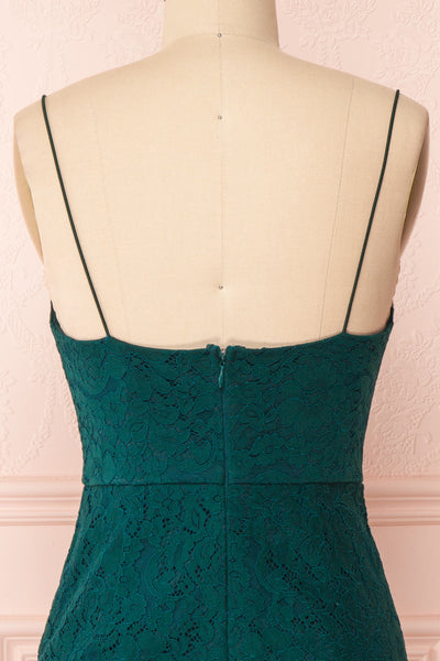 Ludvika Dark Green Fitted Lace Dress | Boutique 1861 back close-up