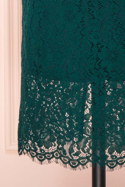 Ludvika Dark Green Fitted Lace Dress | Boutique 1861 bottom close-up