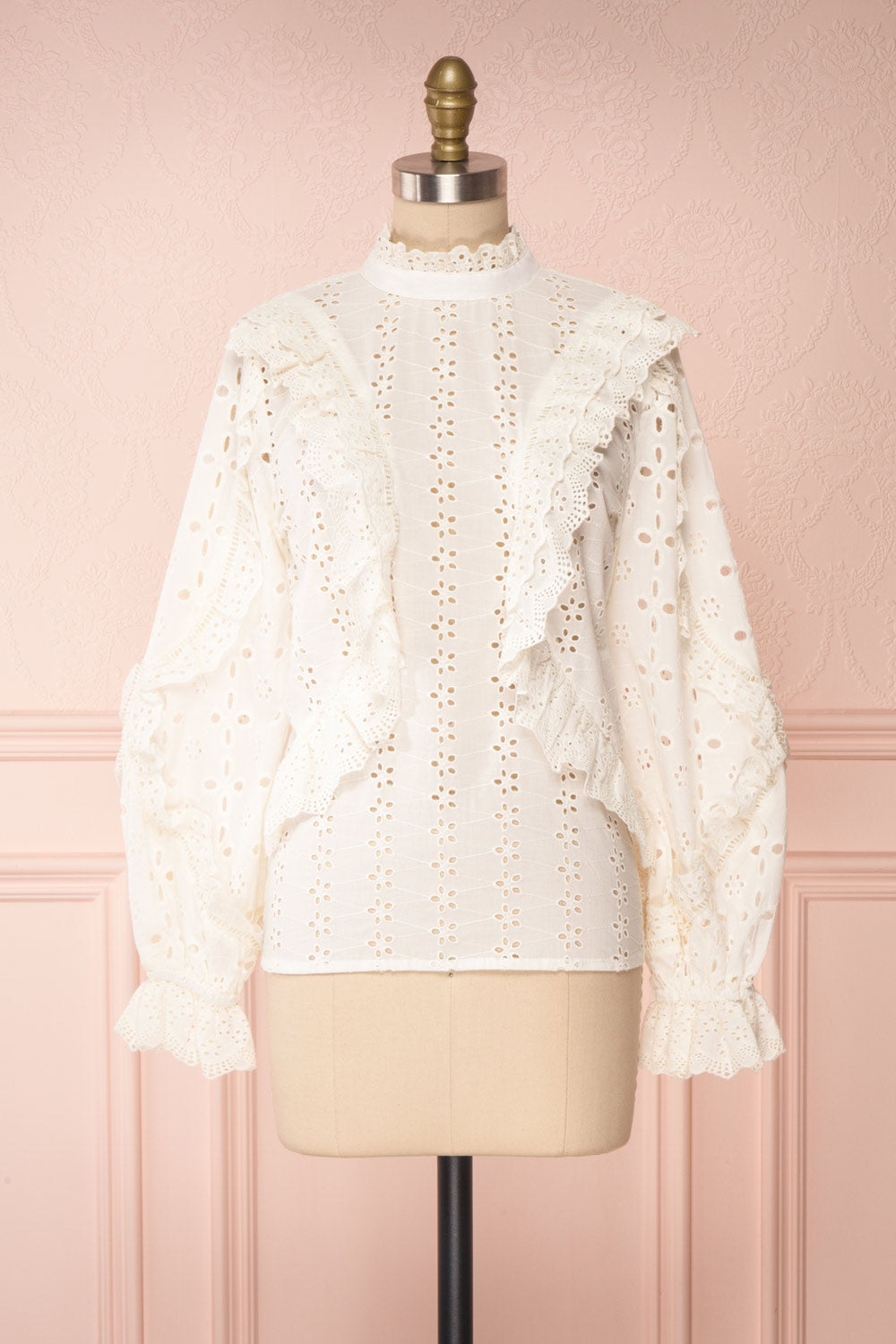 Lunesque Ivory Long Sleeve Openwork Lace Top | Boutique 1861 front view