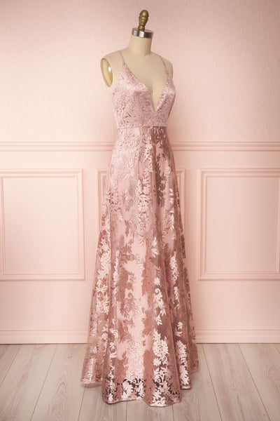 Lyaksandra Pink Floral Embroidered Maxi Dress | Boutique 1861 side view