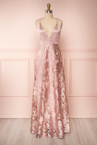 Lyaksandra Pink Floral Embroidered Maxi Dress | Boutique 1861 front close up