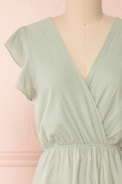 Lyana Light Green Faux-Wrap Short Dress | Boutique 1861 front close-up