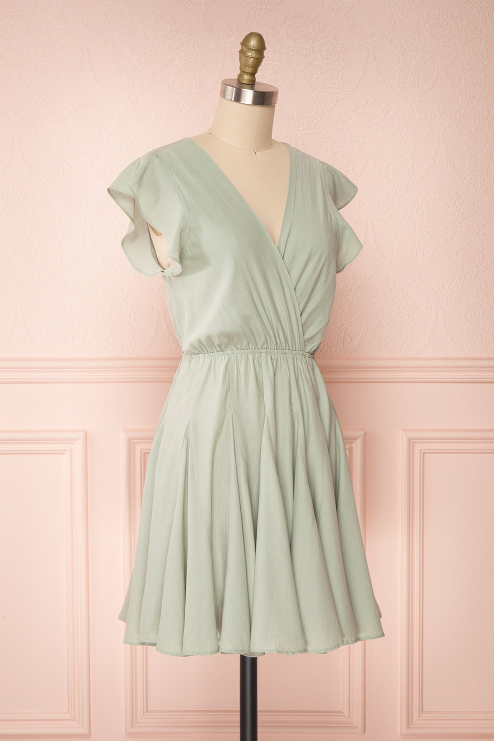Lyana Light Green Faux-Wrap Short Dress | Boutique 1861 side view 