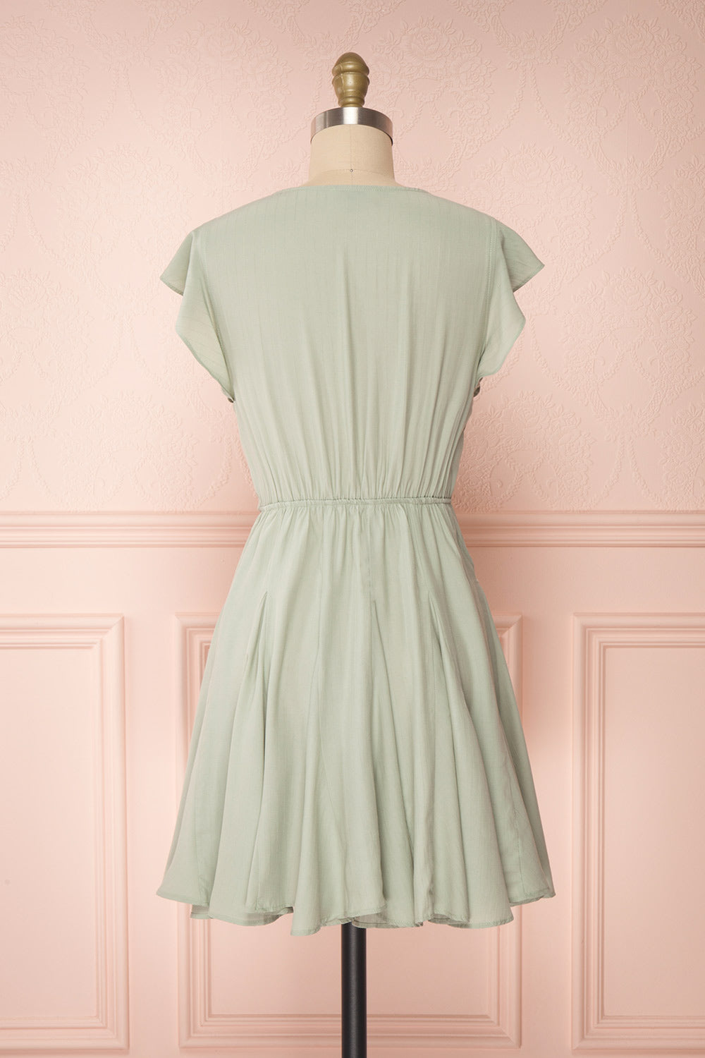 Lyana Light Green Faux-Wrap Short Dress | Boutique 1861 back view 