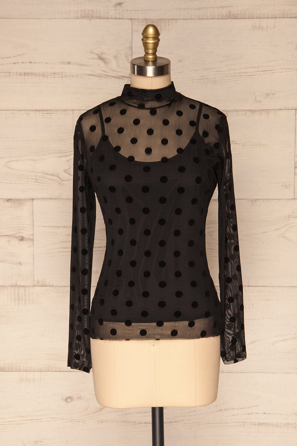 Lyncis Black Polkadot Long Sleeved Mesh Top | La Petite Garçonne front view 