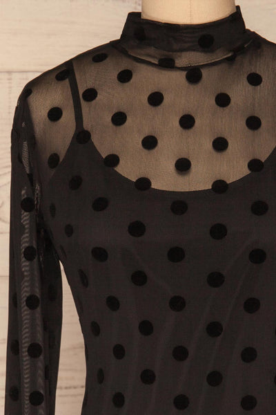 Lyncis Black Polkadot Long Sleeved Mesh Top | La Petite Garçonne front close-up
