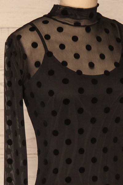 Lyncis Black Polkadot Long Sleeved Mesh Top | La Petite Garçonne side close-up