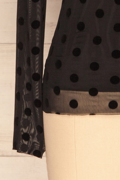 Lyncis Black Polkadot Long Sleeved Mesh Top | La Petite Garçonne bottom close-up
