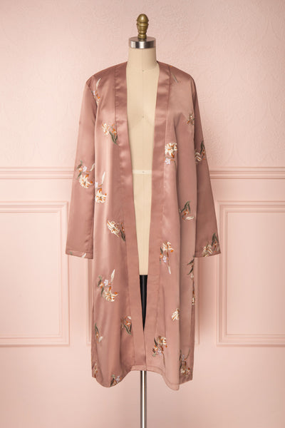 Lyria Taupe Satin Floral 3/4 Sleeve Kimono | Boutique 1861 bottom