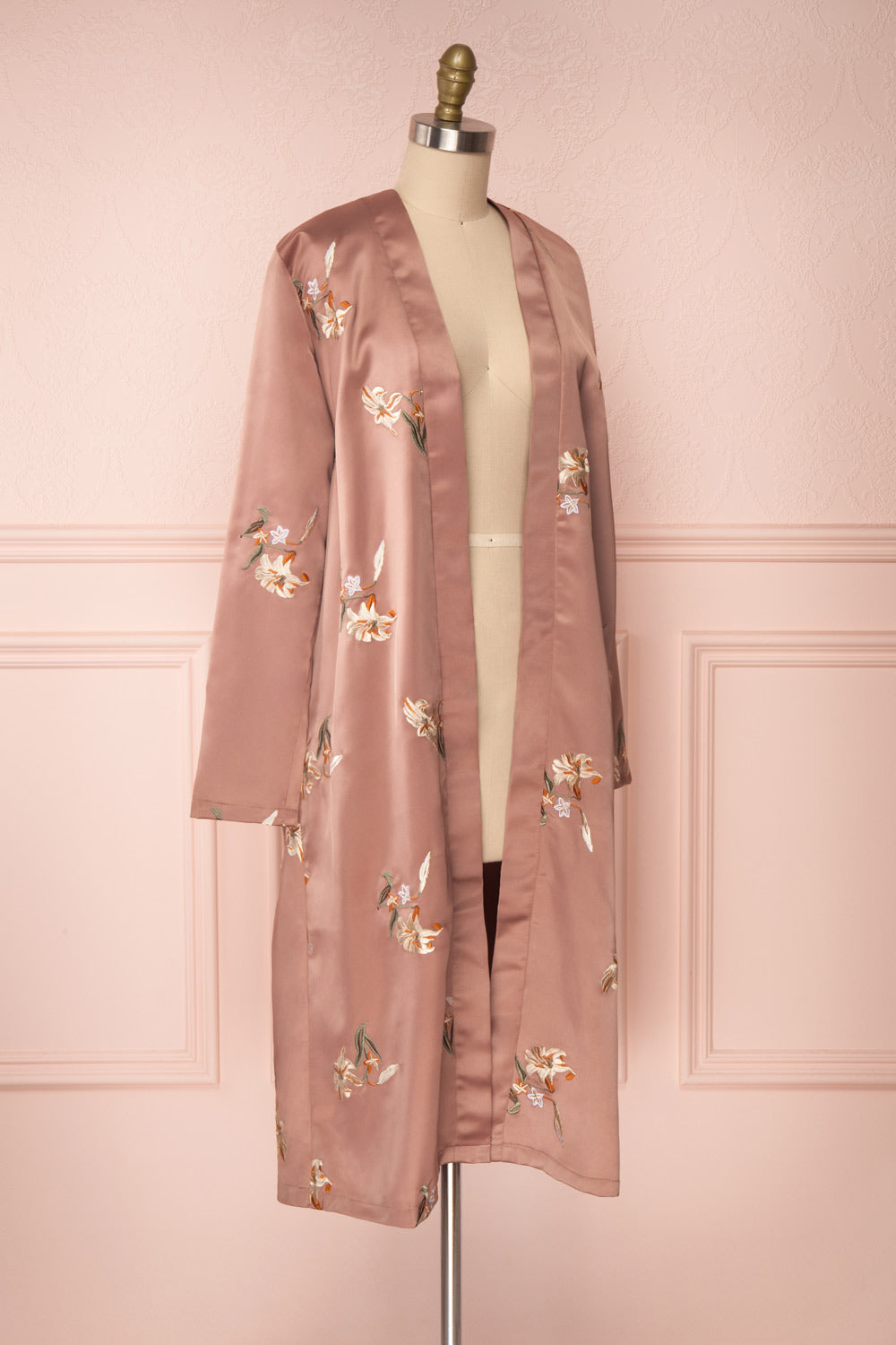 Lyria Taupe Satin Floral 3/4 Sleeve Kimono | Boutique 1861 side view