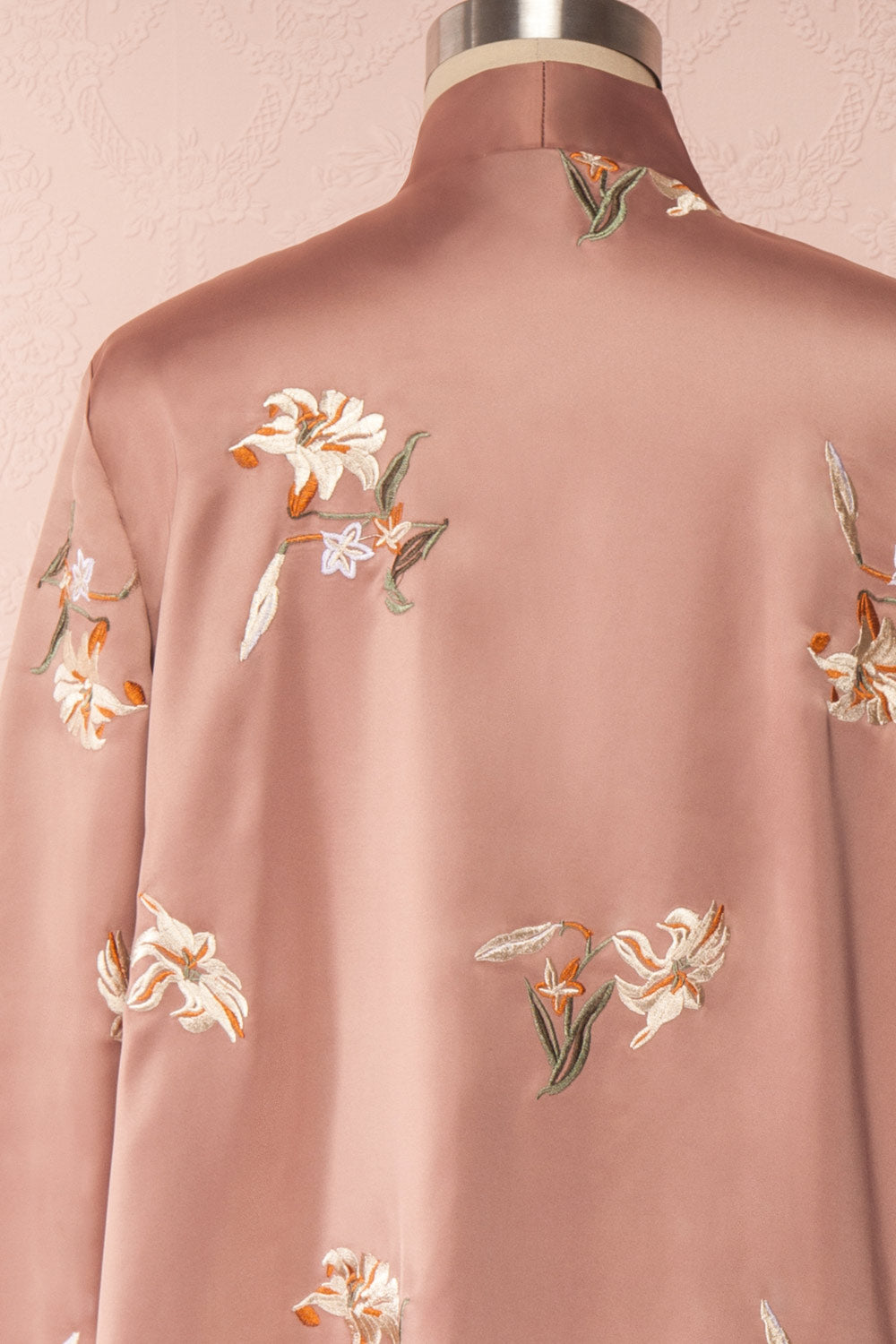 Lyria Taupe Satin Floral 3/4 Sleeve Kimono | Boutique 1861 back close up