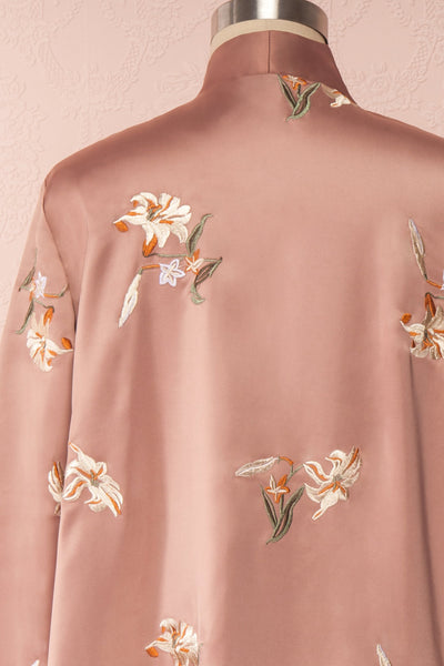 Lyria Taupe Satin Floral 3/4 Sleeve Kimono | Boutique 1861 back close up