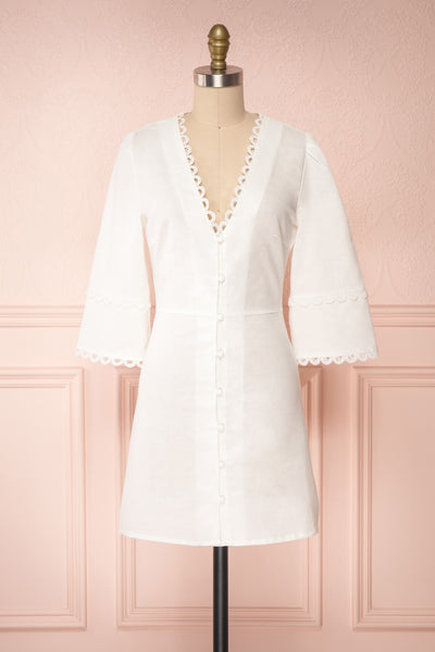 Lysistrata White Short Dress w/ 3/4 Sleeves | Boutique 1861 front view