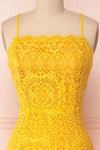 Lyudmyla Yellow Lace Cocktail Dress with Lace-Up Back | Boutique 1861 front close-up