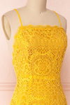 Lyudmyla Yellow Lace Cocktail Dress with Lace-Up Back | Boutique 1861 side close-up