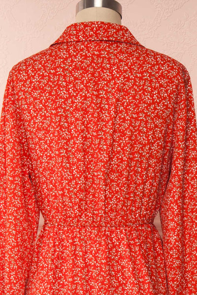Lyyti Red Floral Long Sleeved Midi Dress back close up | Boutique 1861