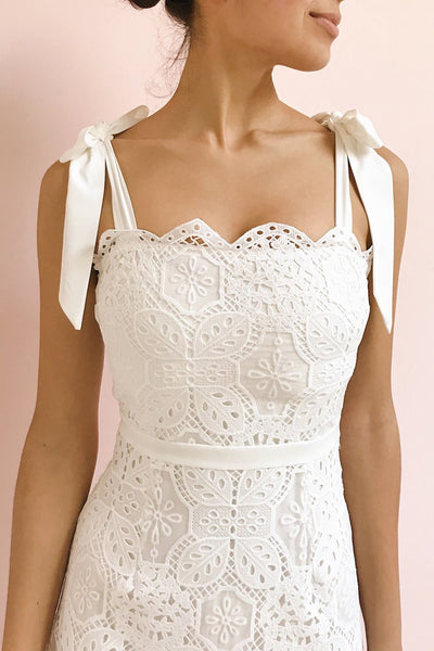 Madeline White Lace Midi Bustier Dress | Boutique 1861 model close up