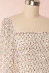 Madison Floral Ruched Short Dress w/ Frills | Boutique 1861 side close up