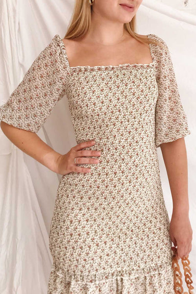 Madison Floral Ruched Short Dress w/ Frills | Boutique 1861 on model