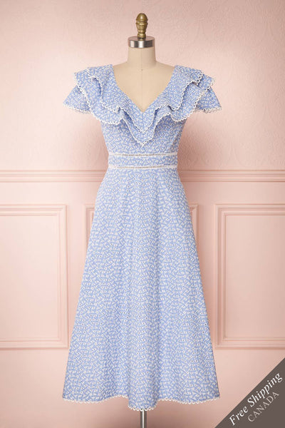 Madryn Blue & White Midi A-Line Dress with Ruffles | Boutique 1861